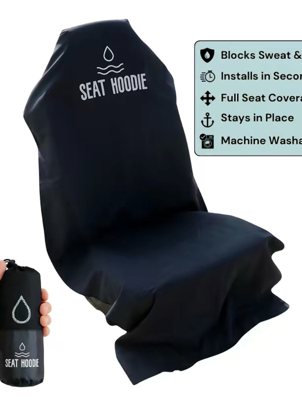 “Seat Hoodie” Black Waterproof/Beach Sand/Dog Hair Car Seat Cover/Protector - Picture 9 of 9